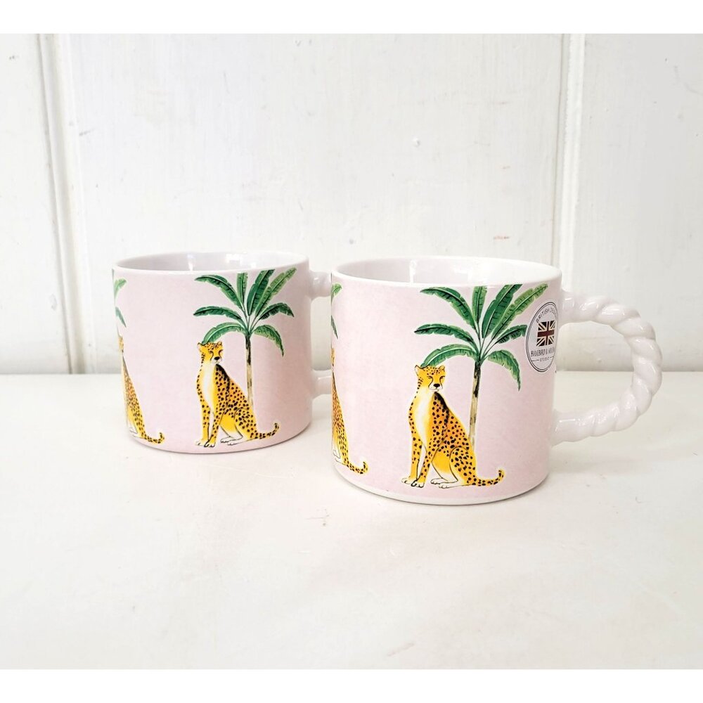 Set Of 2 Bluebird & Willow British Design Ceramic Mugs With Leopard & Palm Tree